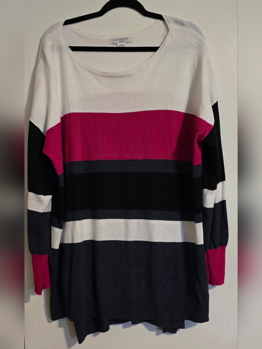 Liz Claiborne White, Pink, Black & Gray Striped Scoopneck Sweater